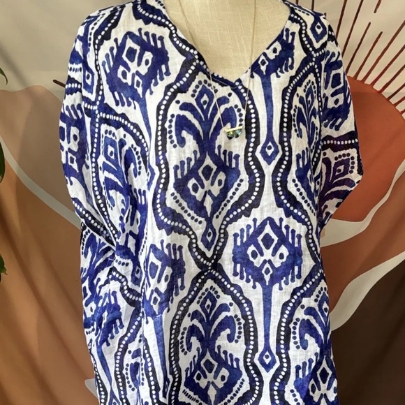 Artsy Chicos Womens 100% Linen Ikat Printed Poncho Beach Top White Blue S/M Boho - Picture 6 of 10